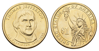 США 1 доллар 2007 D, Президент США - Томас Джеферсон (1801-1809) KM 403 медь с марганцево-латунным покрытием UNC 4624-146