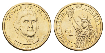 США 1 доллар 2007 D, Президент США - Томас Джеферсон (1801-1809) KM 403 медь с марганцево-латунным покрытием UNC 4624-146