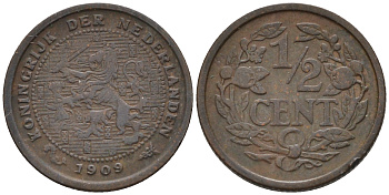 Нидерланды 1/2 цента 1909 Вильгельмина (1890-1948) KM 138 бронза    4169-235