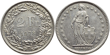 ШВЕЙЦАРИЯ 2 ФРАНКА 1978 KM 21а.1 медно-никель 4394-1226