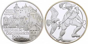 Австрия 500 шиллингов 2000 замок Хоэнверфен, птицелов KM 3071 серебро PROOF 1077-10-14