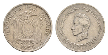 Эквадор 10 сентаво 1924 KM 66 медно-никель 1528-1411