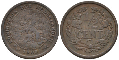 Нидерланды 1/2 цента 1909 Вильгельмина (1890-1948) KM 138 бронза    4169-235