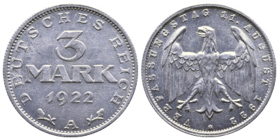 Германия 3 марки 1922 А, третья годовщина Веймарской Конституции KM 29, J. 303 алюминий 4380-745