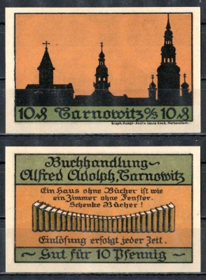 Тарновиц (Силезия) 10 пфеннигов 1921 Книжный магазин Альфреда Адольфа DeNG 1/2 1311.1a-1 бумага UNC (пресс) 7555-16-1-1