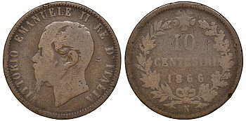 Италия 10 чентезимо 1866 N, Виктор Эммануил II KM 11.4 медь 4512-433