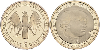 ФРГ 5 марок 1982 D, 150 лет со дня смерти Иоганна Вольфганга фон Гете KM 156, J. 432 медно-никель плакированный никелем плакированный никелем PROOF 02-265-24