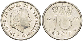 Нидерланды 10 центов 1969 Юлиана (1948-1980) KM 182 никель 214-1241