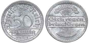 Германия 50 пфеннигов 1921 A KM 27, J. 301 алюминий aUNC 4114-616