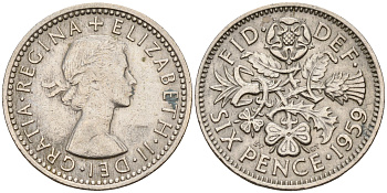 Великобритания 6 пенсов 1959 Елизавета II (1952-2022) KM 903, Spink 4149 медно-никель    4152-1168