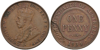 Австралия 1 пенни 1934 Георг V (1910-1936) KM 23 бронза 4607-1231