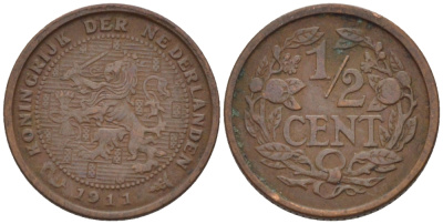 НИДЕРЛАНДЫ 1/2 ЦЕНТА 1911 ВИЛЬГЕЛЬМИНА (1890-1948) KM 138 бронза 39-158