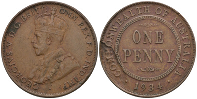 Австралия 1 пенни 1934 Георг V (1910-1936) KM 23 бронза 4607-1231