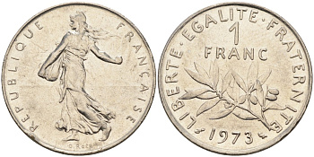 Франция 1 франк 1973 сеятель, тип Semeuse KM 925.1, Le Franc 226.18 никель 4116-1232