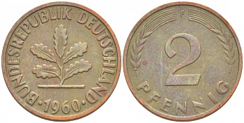 ФРГ 2 ПФЕННИГА 1960 F KM 106, J. 381 бронза 3718-357