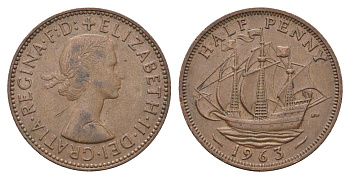 Великобритания 1/2 пенни 1963 Елизавета II (1952-2022) KM 896, Spink 4158 бронза 4662-1215