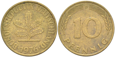 ФРГ 10 пфеннигов 1976 D KM 106 сталь плакированная латунью 4571-541