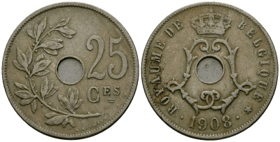 Бельгия 25 сантимов 1908 Belgique KM 62 медно-никель 4168-1143