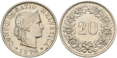 Швейцария 20 раппенов 1974 KM 29а медно-никель 4364-1422