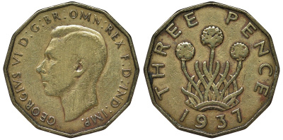 Великобритания 3 пенса 1937 Георг VI (1936-1952) KM 849, Spink 4112 никель латунь 4122-912