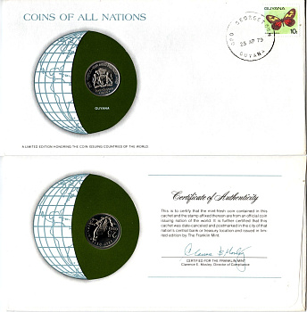 Гайана 25 центов 1979 конверт с маркой первого дня гашения, Coins of Nations KM 40 медно-никель BU 4294-59-3