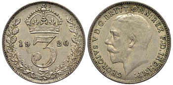 Великобритания 3 пенса 1920 Георг V (1910-1936), пограничный год KM 813 или 813a, Spink 4015 или 4026 серебро 4528-521
