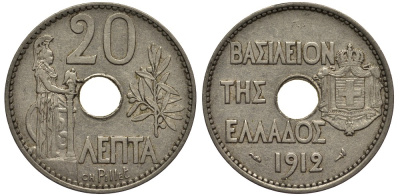 Греция 20 лепта 1912 король Георг I (1863-1913), Афина KM 64 никель 4538-1025
