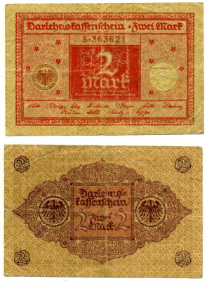 Германия 2 марки 1920 1 марта 1920, красная, серия 5 Pick 59, Розенберг 65b бумага 2195-36-1-2