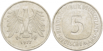 ФРГ 5 МАРОК 1977 J, KM 140.1, J 415 медно-никель плакированный никелем 59-741