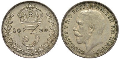 Великобритания 3 пенса 1920 Георг V (1910-1936), пограничный год KM 813 или 813a, Spink 4015 или 4026 серебро 4528-521