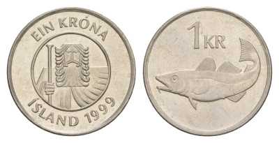 Исландия 1 крона 1999 треска KM 27a сталь плакированная никелем UNC 4635-114