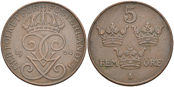 Швеция 5 эре 1924 Густав V (1907-1950) KM 779.2 бронза 4557-612