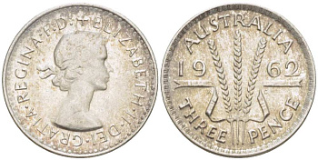 Австралия 3 пенса 1962 m, Елизавета II (1952-2022) KM 57 серебро 4516-156