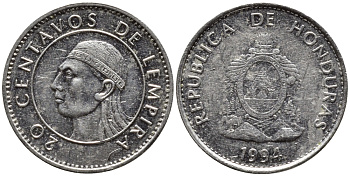 Гондурас 20 сентаво 1994 бюст касика Лемпира KM 83.1а сталь плакированная никелем 4387-862