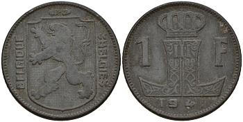 Бельгия 1 франк 1941 Belgique - Belgie, Леопольд III (1934-1947), германская оккупация, Вторая мировая война KM 127 цинк 4161-356