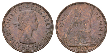 Великобритания 1 пенни 1967 Елизавета II (1952-2022) KM 897, Spink 4157 бронза 221-933
