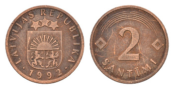 Латвия 2 сантима 1992 KM 21 сталь плакированная медью 105-511