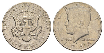 США 1/2 доллара (50 центов) 1983 P, Джон Кеннеди KM A202b медь плакированная медно-никелем aUNC 180-1041