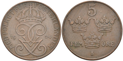Швеция 5 эре 1924 Густав V (1907-1950) KM 779.2 бронза 4557-612