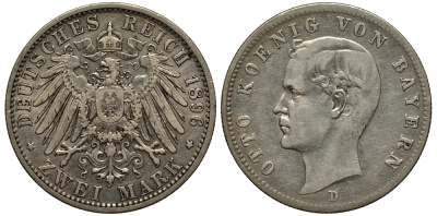 Бавария 2 марки 1896 D, Отто (1886-1913) Weege 44, J. 45, KM 511.1 серебро 413-3112