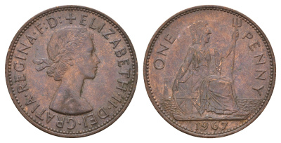Великобритания 1 пенни 1967 Елизавета II (1952-2022) KM 897, Spink 4157 бронза 221-933