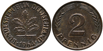 ФРГ 2 пфеннига 1964 F KM 106, J.381 бронза 99-136