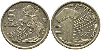 Испания 5 песет 1997 Хуан Карлос I (1975-2014), Балеарские острова, всадник KM 981 алюминиевая бронза 3458-214