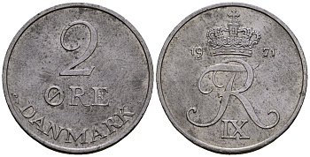 Дания 2 эре 1971 C; S, Фредерик IX (1947-1972) KM 840.2 цинк 4176-535