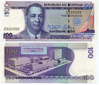 ФИЛИППИНЫ 100 ПИСО 2004 ПОДПИСЬ 17, СЕРИЯ ZS 222222 Pick 194а бумага UNC (ПРЕСС) 6278-24-1-2