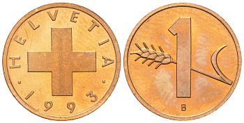 Швейцария 1 раппен 1993 KM 46 бронза UNC M51-04