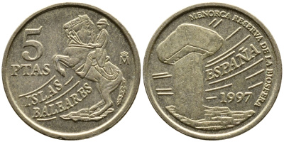 Испания 5 песет 1997 Хуан Карлос I (1975-2014), Балеарские острова, всадник KM 981 алюминиевая бронза 3458-214
