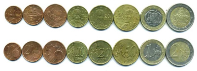 ГРЕЦИЯ ЕВРОНАБОР ИЗ 8 МОНЕТ 2002-2007 (1, 2, 5, 10, 20, 50 ЕВРОЦЕНТОВ, 1, 2 ЕВРО) KM 181, 182, 183, 211, 185, 186, 214, 188 N5-62