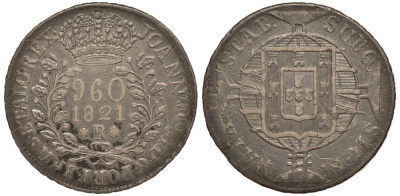 Бразилия 960 рейс 1821 R,  Жуан IV Португальский (1818-1822), красивый перечекан KM 326.1 серебро 00-803-68