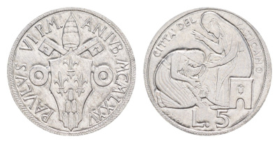 Ватикан 5 лир 1975 Священный год KM 126 алюминий UNC 4632-917